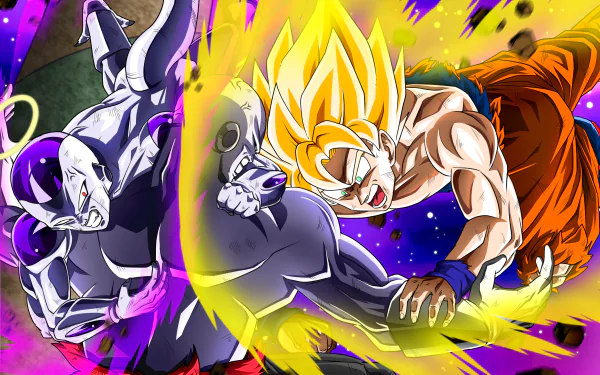 HD Dragon Ball Super desktop wallpaper featuring Super Saiyan Goku battling Frieza and Jiren in dynamic anime action.