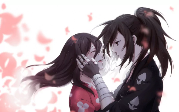 HD wallpaper from the anime Dororo featuring Mio and Hyakkimaru in a tender moment surrounded by flower petals.