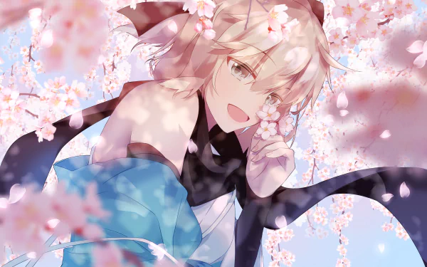 HD desktop wallpaper featuring Okita Souji, also known as Sakura Saber, from the anime Fate/Grand Order, surrounded by cherry blossoms with a bright, cheerful expression.