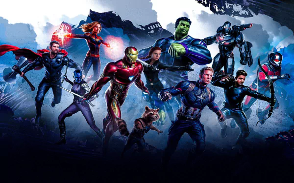 HD PC desktop wallpaper featuring Avengers EndGame superheroes including Iron Man, Captain America, Hulk, Thor, Black Widow, War Machine, Ant-Man, Hawkeye, Rocket Raccoon, Nebula, and Captain Marvel.