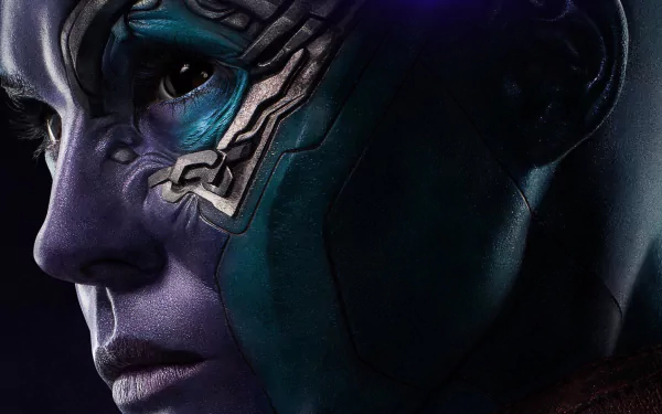 Close-up HD wallpaper of Karen Gillan as Nebula from Avengers Endgame, showcasing detailed blue and purple face markings and cybernetic enhancements.