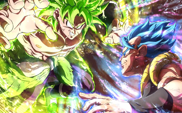 HD desktop wallpaper featuring Gogeta in Super Saiyan Blue and Broly in Super Saiyan Green from Dragon Ball Super: Broly, captured mid-battle with intense energy and vibrant colors.