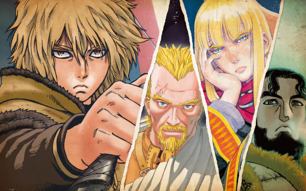 Vibrant anime characters from Vinland Saga in a dramatic HD desktop wallpaper.