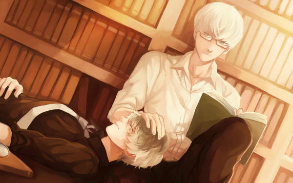 HD desktop wallpaper from Tokyo Ghoul:re featuring Haise Sasaki reading a book beside a sleeping Ken Kaneki, both with white hair, set against a backdrop of bookshelves.