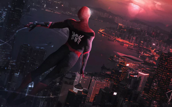 Spider-Man in action from the movie Spider-Man: Far From Home, featured in an HD desktop wallpaper.