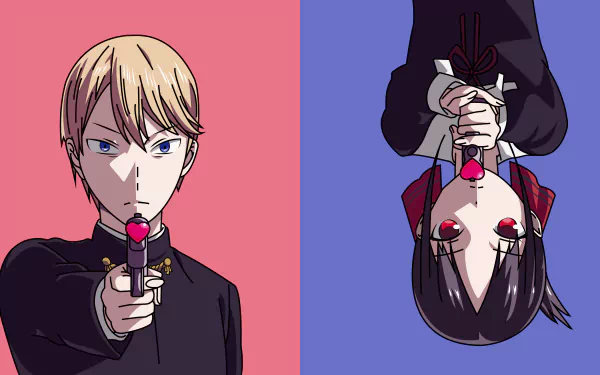 HD wallpaper featuring Miyuki Shirogane and Kaguya Shinomiya from Kaguya-sama: Love is War with a split pink and blue background.