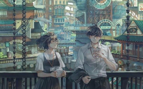 Anime Original Short Hair Black Hair Cigarette City HD Wallpaper | Background Image