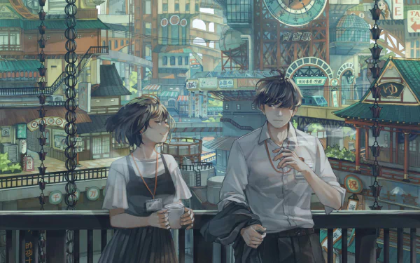 Anime-style city scene with two short black-haired characters smoking cigarettes, set against a detailed urban backdrop, captured in HD for a PC desktop wallpaper.