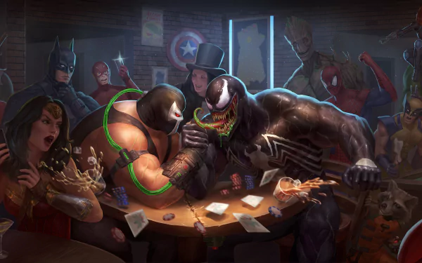 HD desktop wallpaper featuring a comic crossover with Wolverine, Black Widow, Deadpool, Hulk, Iron Man, Rocket Raccoon, Groot, Flash, Batman, Harley Quinn, Wonder Woman, Venom, and Bane.