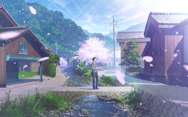 Anime-style HD wallpaper featuring a tranquil spring scene with cherry blossoms (sakura) and traditional houses, set in a lush, green valley. Petals float gently in the air above a serene water stream.
