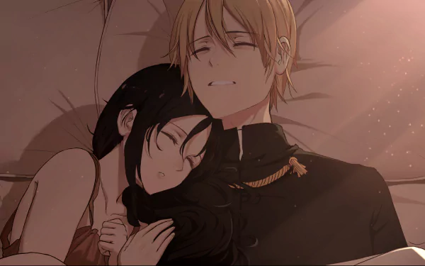 HD PC desktop wallpaper from the anime Kaguya-sama: Love is War, featuring Miyuki Shirogane and Kaguya Shinomiya peacefully resting together.