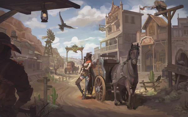 Fantasy western scene: a woman cowgirl leans by a wagon with her horse in a dusty frontier town, birds overhead — HD PC desktop wallpaper background.