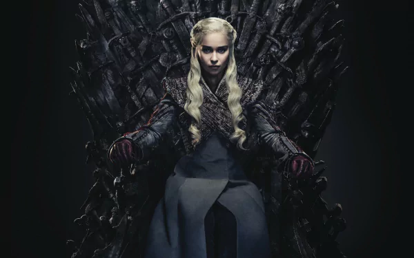 HD desktop wallpaper featuring Emilia Clarke as Daenerys Targaryen from the TV show Game of Thrones, sitting on the Iron Throne. The background is dark, emphasizing her determined expression and iconic outfit.