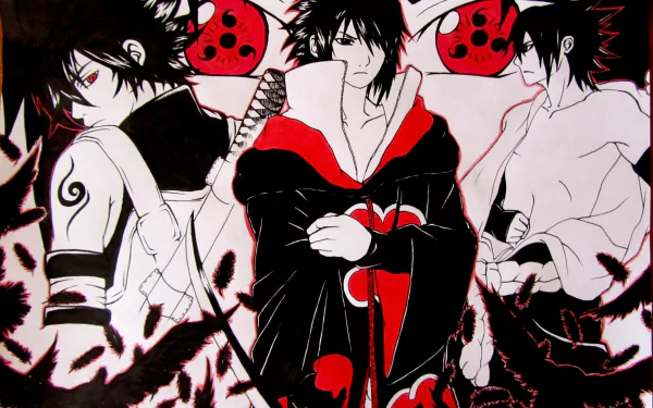 4K Ultra HD anime wallpaper featuring Sasuke Uchiha from the Uchiha Clan, highlighting his Sharingan eyes in a dynamic Naruto-themed design.