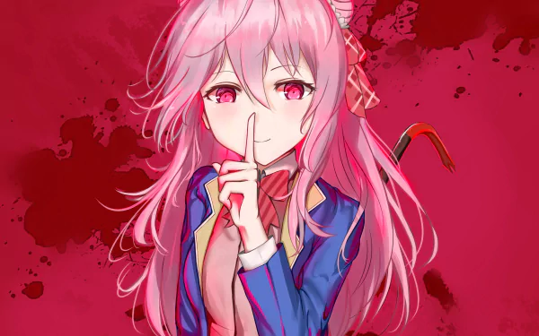 HD desktop wallpaper featuring Satō Matsuzaka from the anime Happy Sugar Life against a vibrant red background, displaying her with long pink hair and a finger to her lips, suggesting silence.