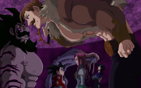 4K Ultra HD desktop wallpaper featuring Merlin and Escanor from the anime The Seven Deadly Sins, showcasing intense character stances and vivid dark purple tones.