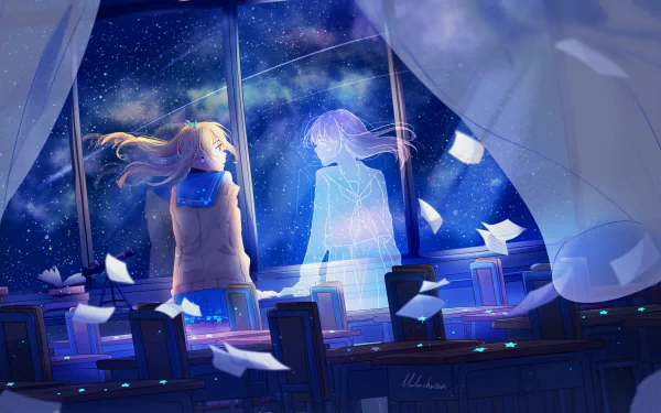 HD anime desktop wallpaper featuring a schoolgirl with flowing hair inside a classroom at night, glowing papers swirling around, and a translucent anime girl figure by the window.