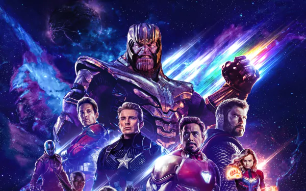HD desktop wallpaper of Avengers: Endgame featuring Nebula, Captain Marvel, Iron Man, Thor, Captain America, Ant-Man, and Thanos, showcasing iconic Marvel Comics characters and actors.