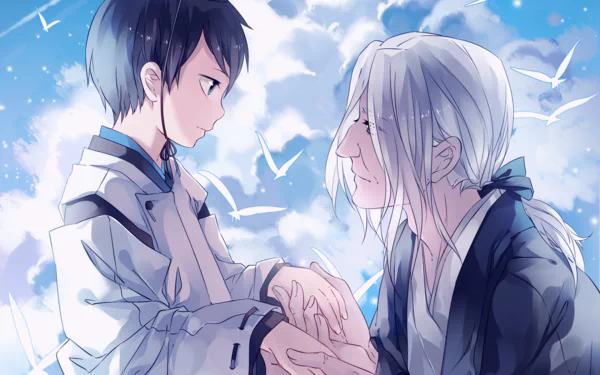 HD anime wallpaper featuring Ebisu and Iwami from Noragami, set against a bright sky with white birds soaring in the background.