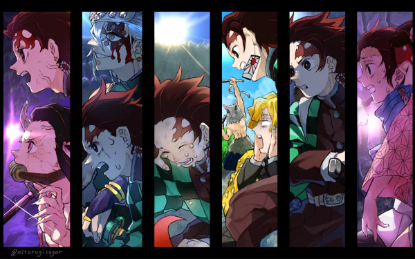 An 8K Ultra HD Demon Slayer: Kimetsu no Yaiba wallpaper featuring Inosuke Hashibira, Zenitsu Agatsuma, Nezuko Kamado, and Tanjiro Kamado in dynamic intense scenes.