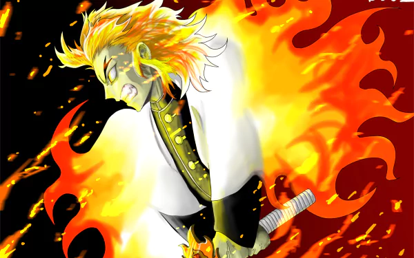Kyojuro Rengoku from Demon Slayer: Kimetsu no Yaiba depicted with fiery flames in vibrant 4K Ultra HD anime wallpaper for PC desktop background.