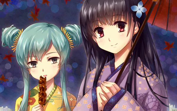 Anime HD wallpaper of Sankarea characters Rea Sanka and Mero Furuya in kimonos beneath an umbrella, Mero nibbling a dango skewer amid floating maple leaves.