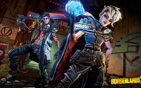 4K Ultra HD Borderlands 3 PC wallpaper showcasing two characters in dynamic poses, set against a gritty, graffiti-covered urban backdrop from the Borderlands video game series.