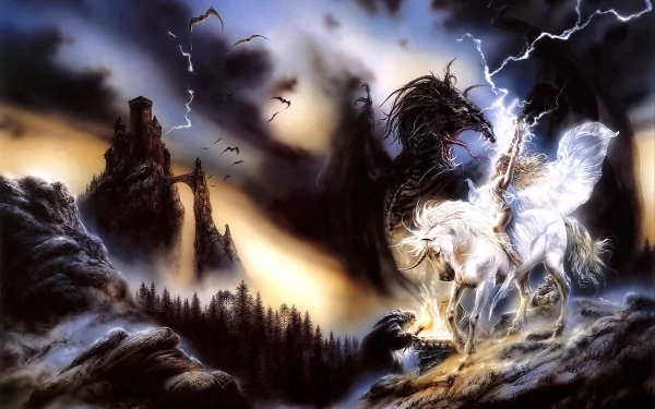 A mystical unicorn stands bravely against a dark, stormy backdrop, featuring mountains and bats, capturing the essence of fantasy in this HD desktop wallpaper.