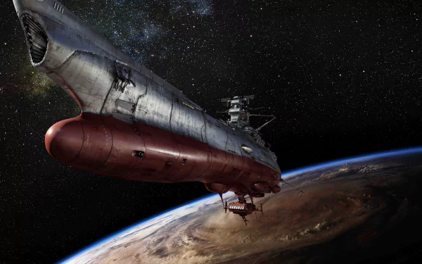 4K Ultra HD PC desktop wallpaper featuring the anime Space Battleship Yamato soaring above a detailed planet against a star-filled cosmic backdrop.