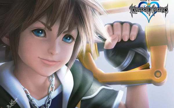 Sora from the Kingdom Hearts video game smiling in a close-up, gripping his Keyblade over his shoulder; Kingdom Hearts logo at top, HD PC desktop wallpaper.