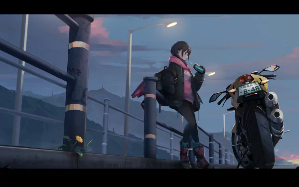Anime girl standing next to a motorcycle on a quiet road at dusk, captured in a high-definition desktop wallpaper. The scene is serene with streetlights illuminating the walkway.