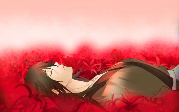 HD anime wallpaper featuring Hyakkimaru from Dororo lying peacefully among vibrant red flowers with a soft pink and red gradient background.