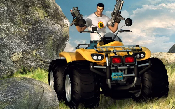 A high-definition desktop wallpaper featuring Serious Sam holding dual weapons while standing beside a yellow quad bike in a vibrant landscape.