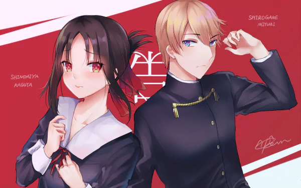 HD PC desktop wallpaper featuring Miyuki Shirogane and Kaguya Shinomiya from the anime Kaguya-sama: Love is War against a red and white background.