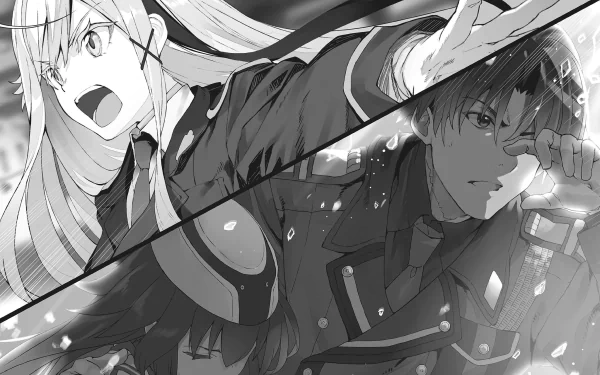 Black-and-white HD PC desktop wallpaper featuring Shinei Nouzen and a female character from the anime Eighty Six in dynamic, intense action poses.