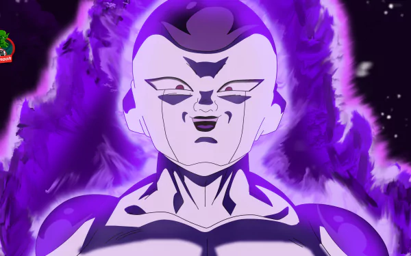 4K Ultra HD PC wallpaper featuring Frieza from Dragon Ball Super, surrounded by a vivid purple aura in an anime-style cosmic background.