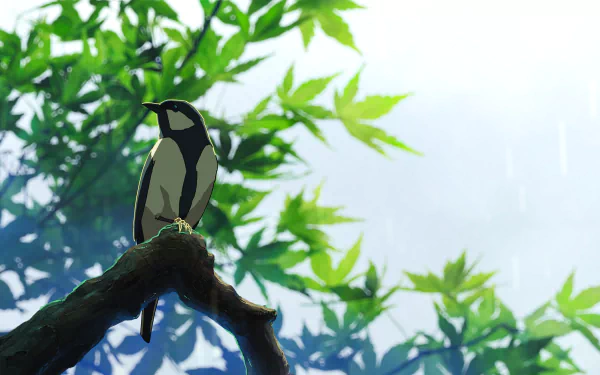 Anime-style bird perched on a branch with vibrant green leaves in the background, inspired by The Garden of Words, rendered in 8K Ultra HD for PC desktop wallpaper.