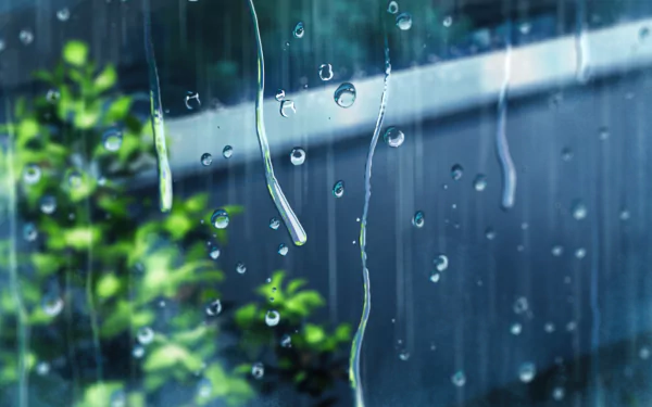 Close-up of rain droplets on a window with blurred greenery outside, capturing the serene, detailed style of The Garden of Words anime in 8K Ultra HD resolution.