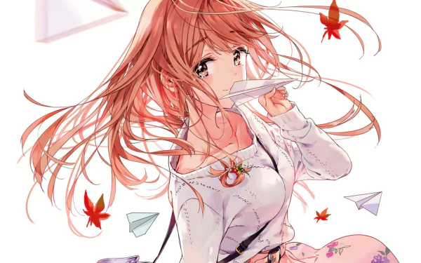 HD anime desktop wallpaper featuring Neko Fujinomiya from Masamune-kun's Revenge with flowing hair, autumn leaves, and paper airplanes in a soft, detailed style.