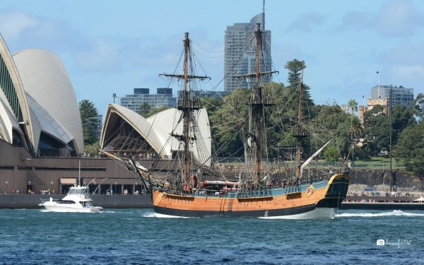 Vehicles HM Bark Endeavour Replica Tall Ship Sydney Opera House Australia Ship HD Wallpaper | Background Image