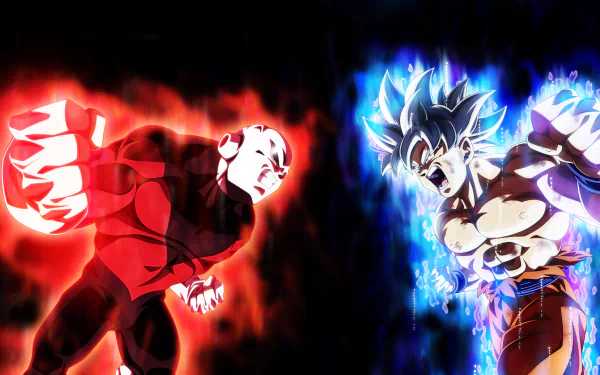An 8K Ultra HD desktop wallpaper featuring Jiren and Ultra Instinct Goku from Dragon Ball Super, both powering up with intense energy auras in a dynamic anime scene.