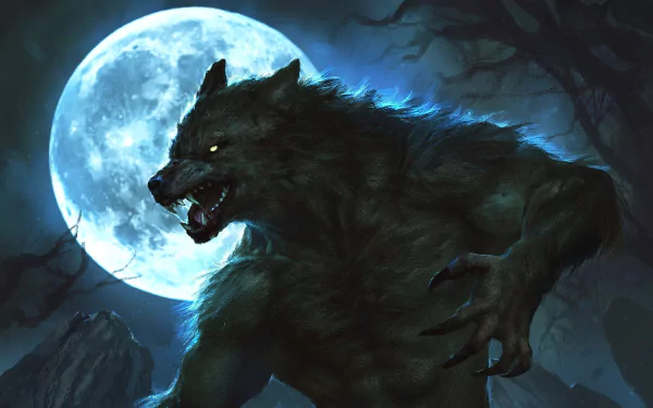 A fierce werewolf creature snarls under a glowing full moon in a dark, eerie night, captured in HD for a striking PC desktop wallpaper.