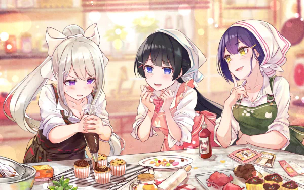 Three virtual YouTubers - Tsukino Mito, Shizuka Rin, and Higuchi Kaede in Anime style, each with their signature purple, black, and white hair, happily baking cupcakes and pastries in a cute kitchen setting.