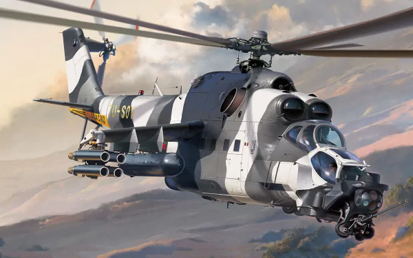 HD desktop wallpaper of a Mil Mi-24 attack helicopter in flight, featuring detailed military aircraft design against a dramatic sky backdrop.