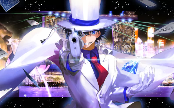 HD PC desktop wallpaper featuring Kaito Kuroba from Detective Conan, depicted in a white suit and top hat, aiming a gun with a sparkling cityscape in the background.