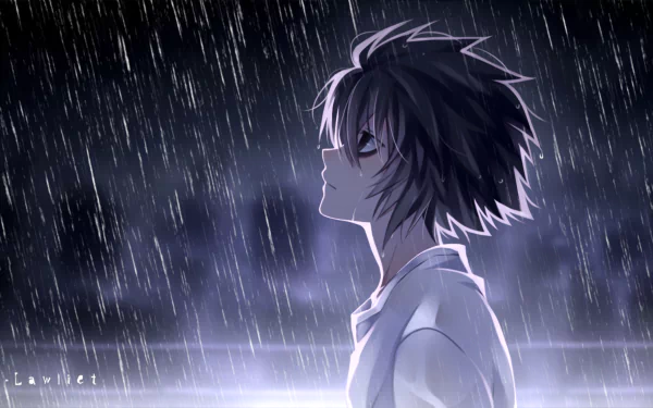 HD desktop wallpaper of L from Death Note anime, depicted standing in the rain, profile view, with a serious expression.
