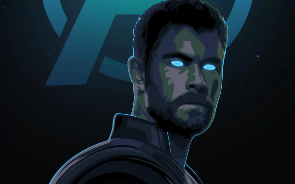 4K Ultra HD comic-style wallpaper featuring Thor with glowing eyes against a dark background, highlighted by the Avengers emblem.