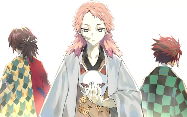 HD desktop wallpaper featuring Tanjiro Kamado, Giyuu Tomioka, and Sabito from the anime Demon Slayer: Kimetsu no Yaiba. Sabito stands in the center holding a fox mask, with Tanjiro and Giyuu on either side.