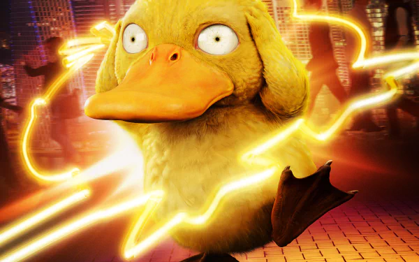 Psyduck from the movie Pokémon Detective Pikachu, depicted with vibrant colors and dynamic lightning effects, creates an engaging 4K Ultra HD desktop wallpaper and background.