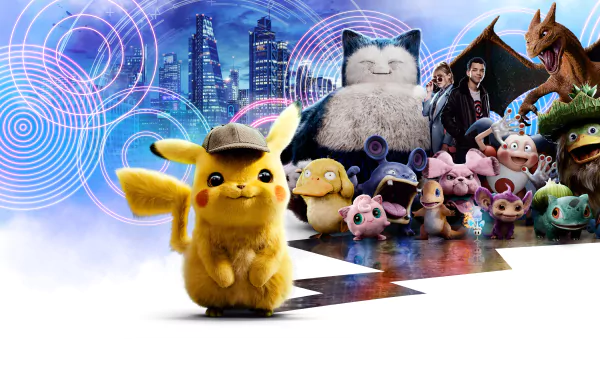 HD desktop wallpaper featuring Pokémon Detective Pikachu, a group of Pokémon, and a cityscape background with vibrant circular patterns.